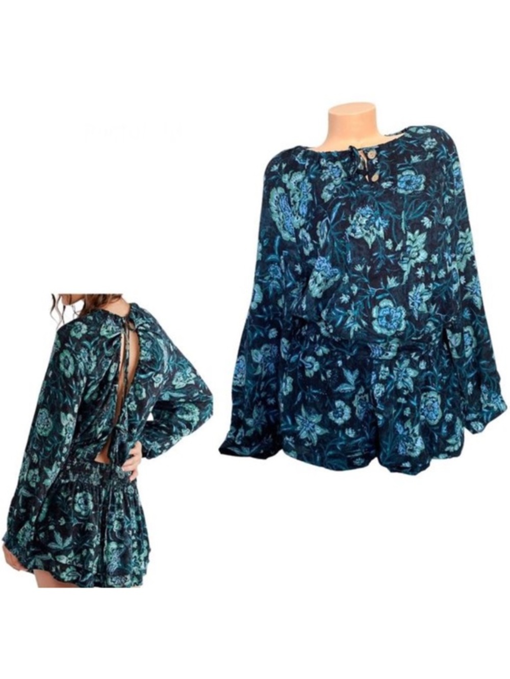Free People Size SMALL Green Floral Shorts Romper Open Back Long Sleeve Jumpsuit